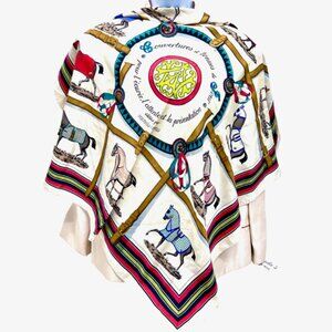 Editees Par Tour HERMES PARIS silk scarf 35"  Ivery beige red   horses  ( 74)